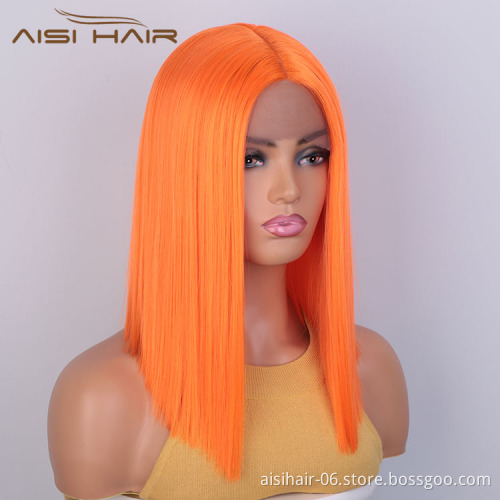 Aisi Hair Medium Long 16 Inch Cosplay Orange Wig Swiss Lace Wig Silky Straight Synthetic Lace Frontal Hair Wigs For Black Women
